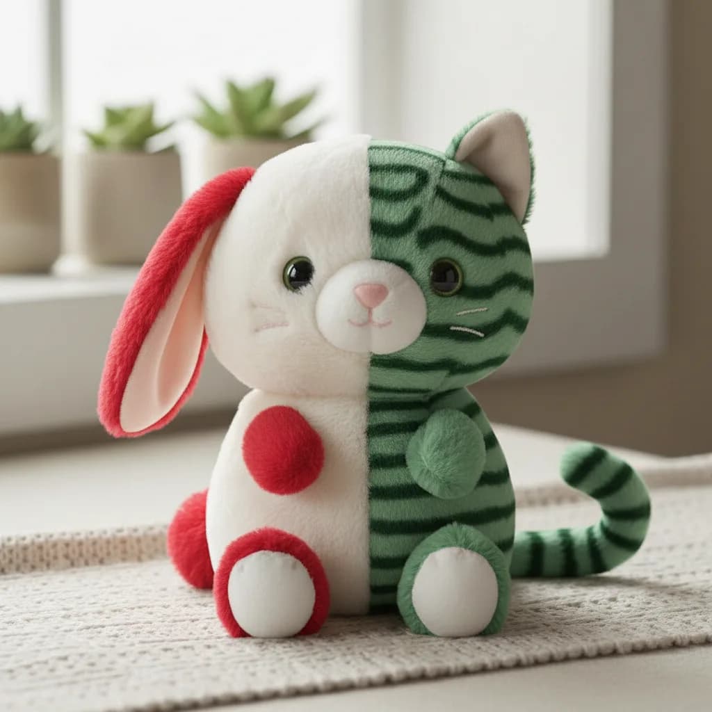 Blue striped Catbunnie plush with split cat and bunny features