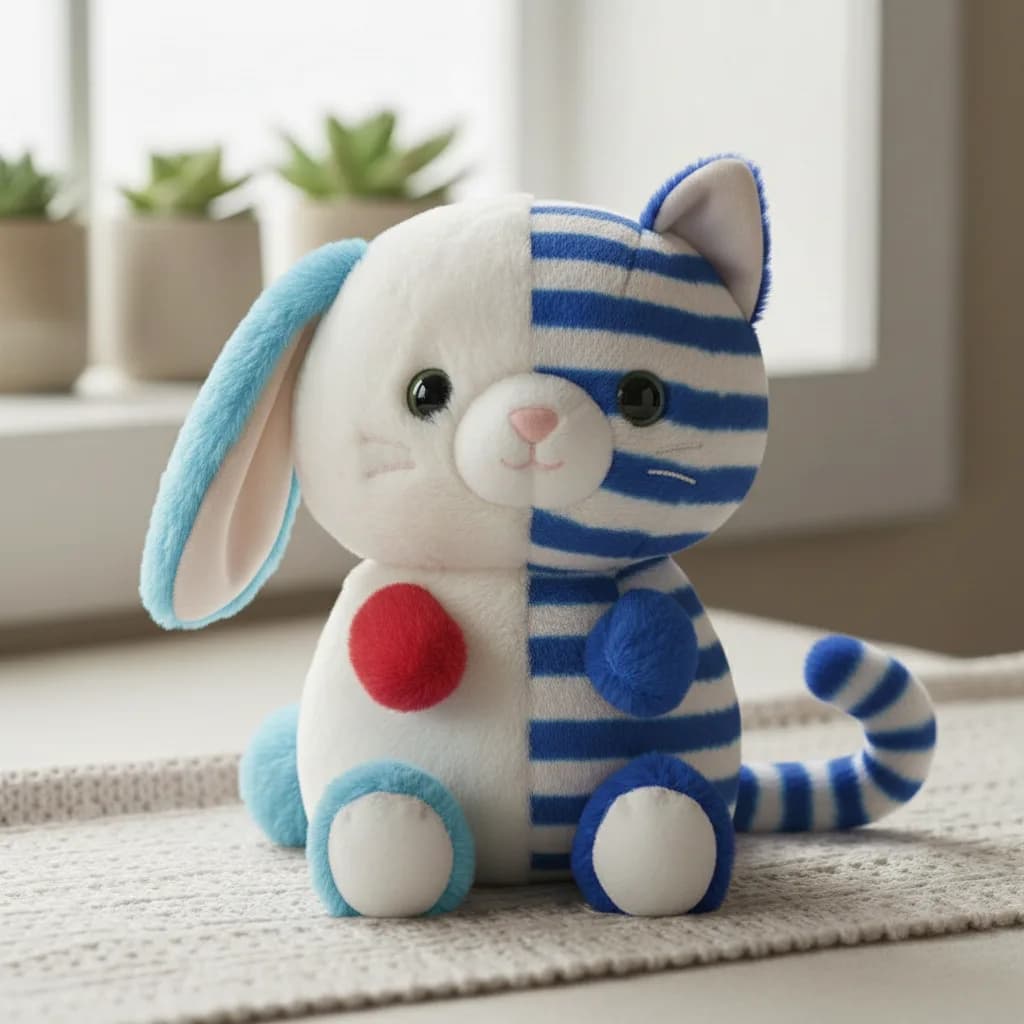 Green striped Catbunnie plush with red and mint accents