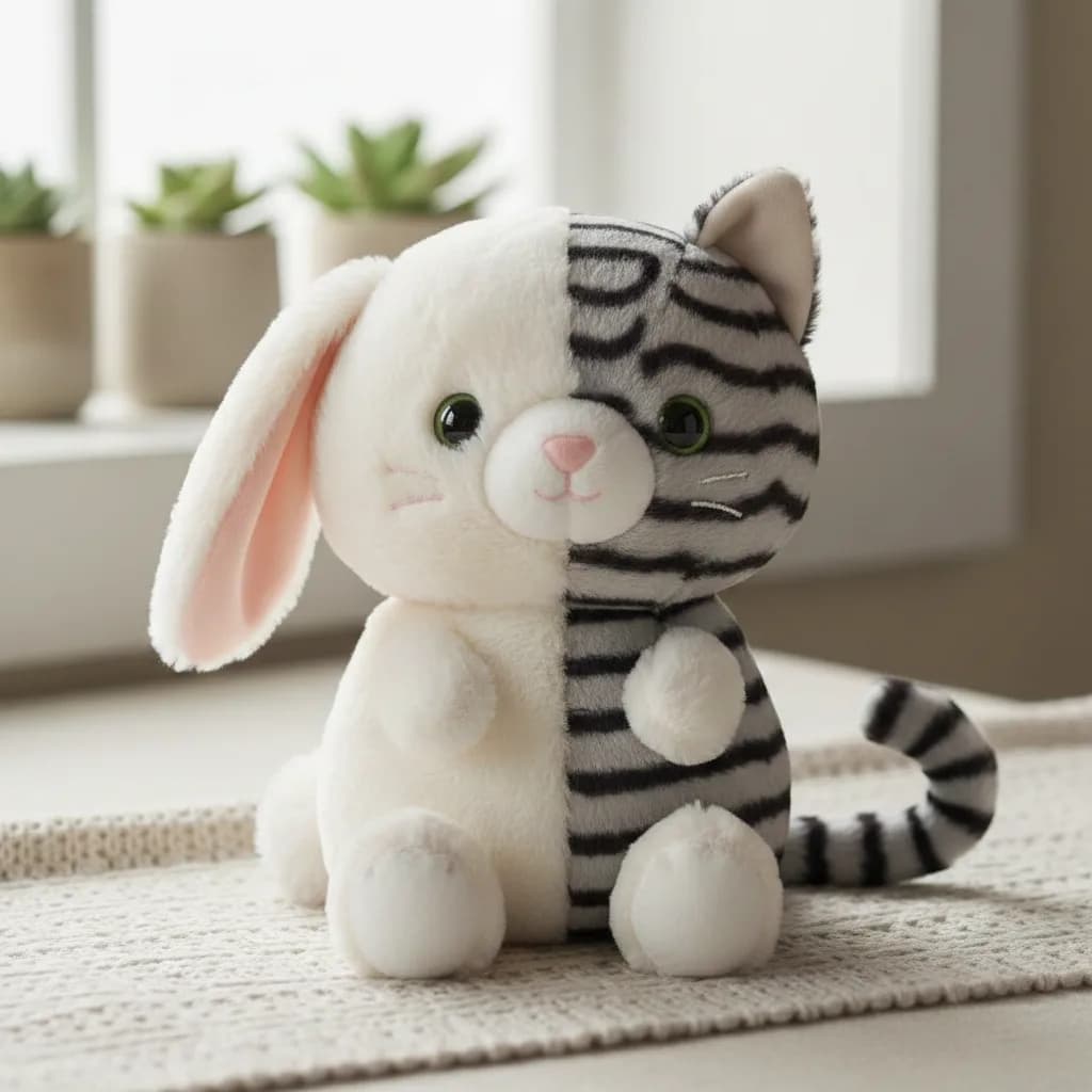 Monochrome striped Catbunnie plush showing dual-personality styling